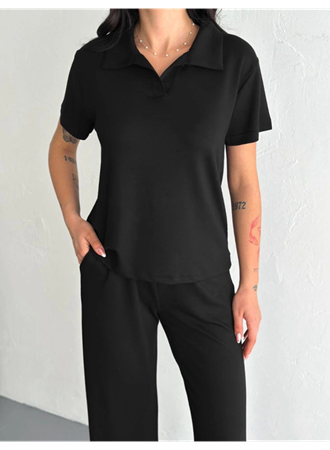 Osy Modal Yumuşak Dokulu Kumaş Kısa Kollu Yakalı T-shirt Pantalon Ikili Takım- Siyah