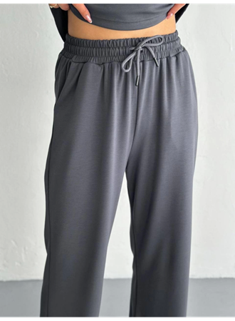 Osy Modal Yumuşak Dokulu Kumaş Kısa Kollu Yakalı T-shirt Pantalon Ikili Takım- Antrasit