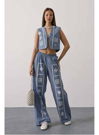 Baskılı Önü Bağlamalı Yelekli Takım - İndigo