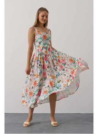 Çiçek Desenli Askılı Elbise - Pembe Çiçek