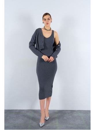 Fitilli Elbise Hırkalı Takım - Füme