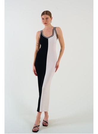 İki Renki Kolsuz Elbise - Siyah-Krem