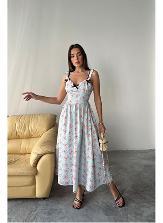 Bebe Mavi Önü Fiyonklu Çiçekli Elbise