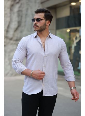 Erkek çizgi Desenli Uzun Kollu Pamuklu Keten Gömlek