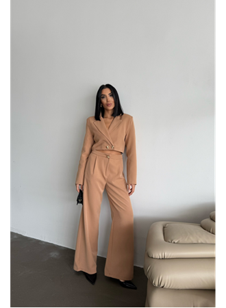 CROP CEKET - PANTOLON TAKIM GOLD DÜĞME DETAYLI - Kahverengi