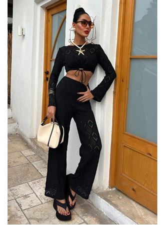 Göğüs Bağcık Detaylı Ajurlu Bluz Pantolon Takım 10098