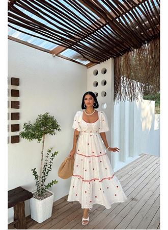 Nar Çiçeği Dantel Detaylı Brode Elbise