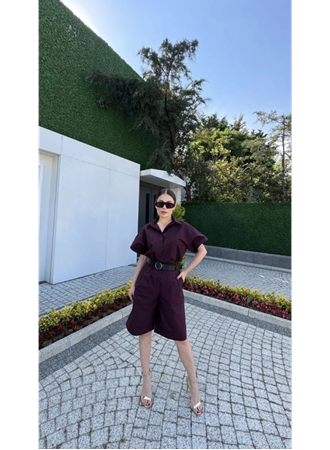 Yakalı Gömlek Kemerli Şortlu Takım - Bordo