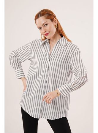 Çift Çizgi Geçişli Düğmeli Gri Gömlek