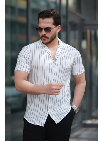 Erkek Kısa Kollu Gri çizgi Desenli örme Kumaş Pamuklu Gömlek
