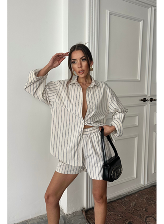 POPLİN ÇİZGİLİ GÖMLEK - ŞORT TAKIM - Bej