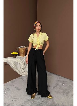 Siyah Paçası Fırfırlı Keten Pantolon