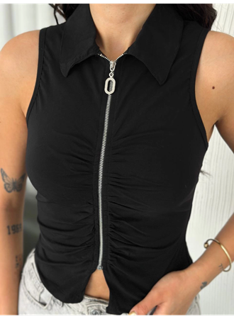 Yakalı Tam Fermuarlı Kolsuz Bluz - Siyah