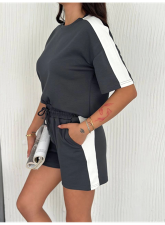 Osy Modal Yumuşak Dokulu Kumaş Parçalı Bisiklet Yaka T-shirt Kısa Şort İkili Takım - Antrasit