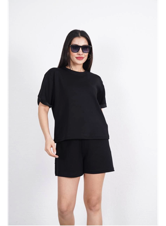 Osy Modal Yumuşak Dokulu Kumaş Bisiklet Yaka T-shirt Kısa Şort İkili Takım - Siyah