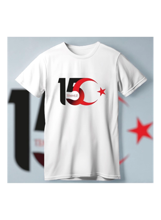 15 Temmuza Özel Tasarım Ay Yıldız Baskılı T-shirt - Beyaz