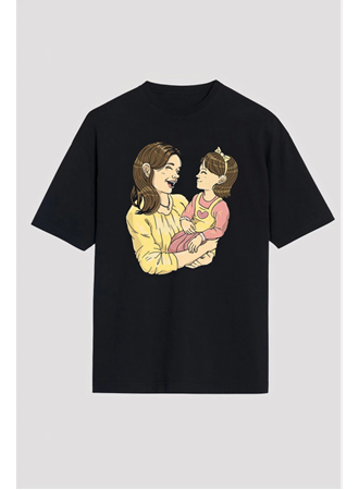 Anneler Gününe Özel Tasarım Anne Kız Baskılı T-shirt - Siyah