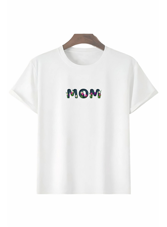 Anneler Gününe Özel Tasarım Mom Çiçek Baskılı T-shirt - Beyaz