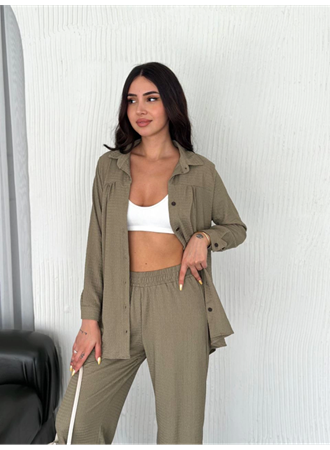 Yakalı Düğmeli Uzun Kollu Gömlek Pantolon Ikili Takım - Bej