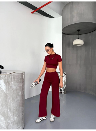 Osy Modal Yumuşak Dokulu Kumaş Kısa Kollu Crop Alt Ispanyol Paça Pantalon Ikili Takım - Bordo
