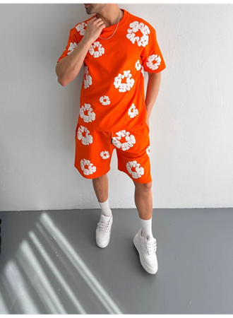 İki İplik Kumaş Baskılı T-shirt Şortlu Takım- Turuncu