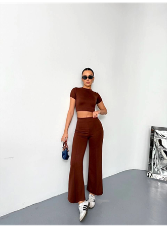 Osy Modal Yumuşak Dokulu Kumaş Kısa Kollu Crop Alt Ispanyol Paça Pantalon Ikili Takım - Kahverengi