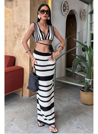 Çizgili Bikini Üst Ve Etek Triko Takım 10110