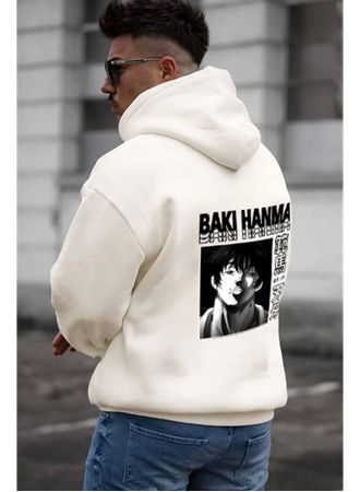 Erkek Baskılı Kapüşonlu Ve Kordon İpli Sweat - Beyaz