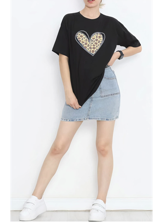 Sevgililer Günü İçin Özel Tasarım Leopar Kalp Baskılı T-shirt - Siyah