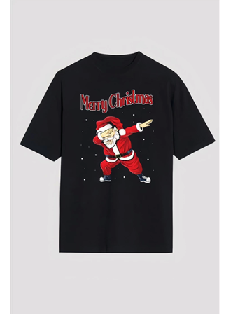 Merry Christmas Baskılı Noel Babalı T-shirt - Siyah