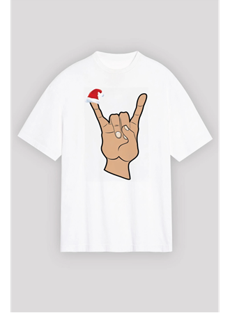 Noel Başlıklı Serçe Parmak T-shirt - Beyaz
