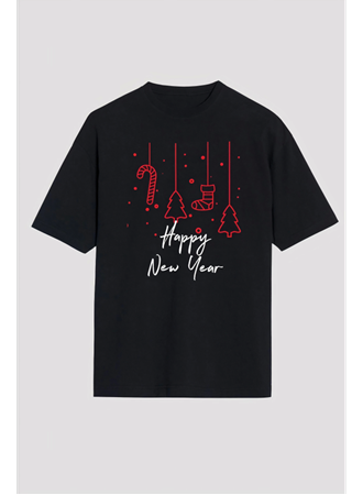 Happy New Year Baskılı T-shirt - Siyah