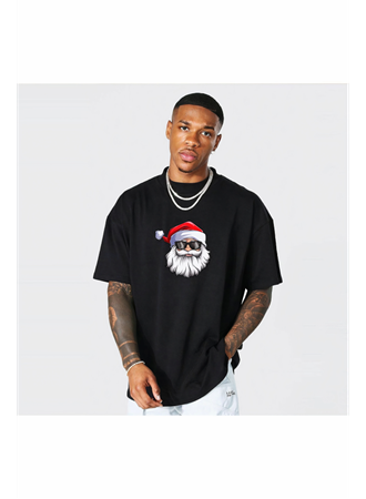 Gözlüklü Noel Baba T-shirt - Siyah