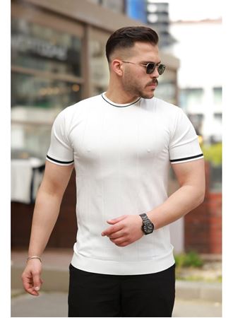 Erkek Bisiklet Yaka çizgi Desenli Ribanalı Kısa Kollu Tshirt