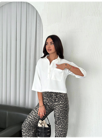 Crop Yakalı Gömlek Üç Çeyrek Sleeve Kol - Beyaz