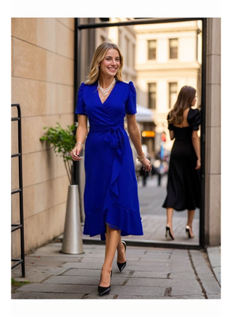 Kadın Kruvaze Yaka Midi Boy Kuşaklı Krep Elbise 120 Cm