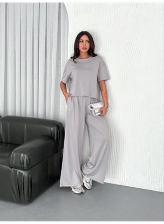 Osy Modal Yumuşak Dokulu Kumaş Bisiklet Yaka T-shirt  Bol Paça Pantalon Ikili Takım - Boyalı Gri