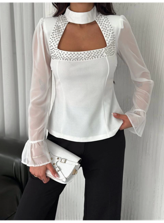 Kolları Şifon Göğüste İnci Boncuk Detaylı Bluz - Beyaz