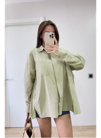 Yakalı Yandan Yırtmaçlı Gömlek - Yeşil