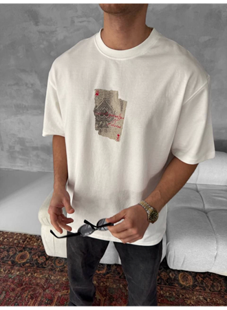 Erkek Ön Ve Arka Baskılı Oversize Bisiklet Yaka T-shirt - Beyaz