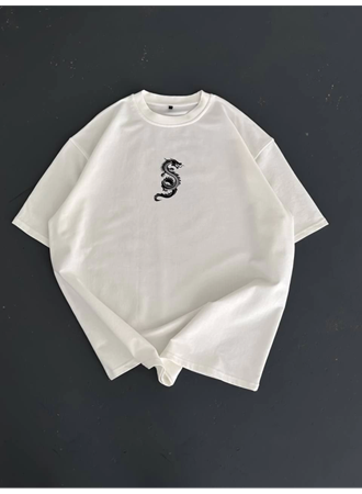 Baskılı Oversize Bisiklet Yaka T-shirt - Beyaz