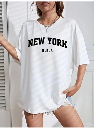 New York Baskılı Oversize Bisiklet Yaka T-shirt - Beyaz
