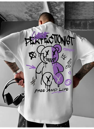 Baskılı Oversize Bisiklet Yaka T-shirt - Beyaz