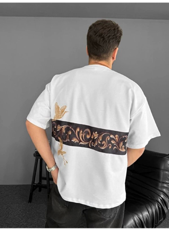 Ön Ve Arka Baskılı Oversize Bisiklet Yaka T-shirt - Beyaz