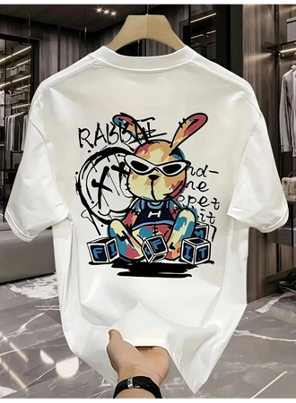 Baskılı Oversize Bisiklet Yaka T-shirt - Beyaz