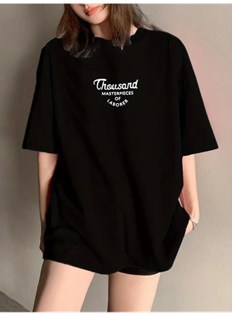 Thousand Baskılı Oversize Bisiklet Yaka T-shirt - Siyah