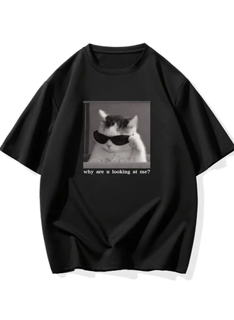 Baskılı Oversize Bisiklet Yaka T-shirt - Siyah