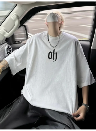 Baskılı Oversize Bisiklet Yaka T-shirt - Beyaz