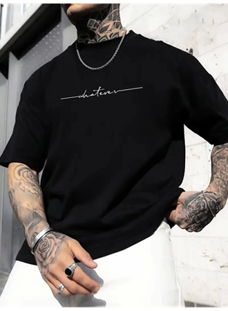 Baskılı Oversize Bisiklet Yaka T-shirt - Siyah