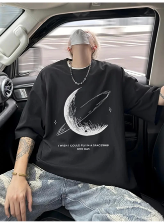 Baskılı Oversize Bisiklet Yaka T-shirt - Siyah